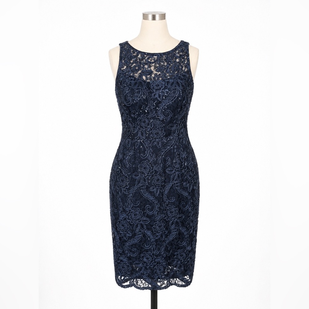 Aidan Mattox Navy Blue Lace Sequin Cocktail Dress Sleeveless Sheath Size 10